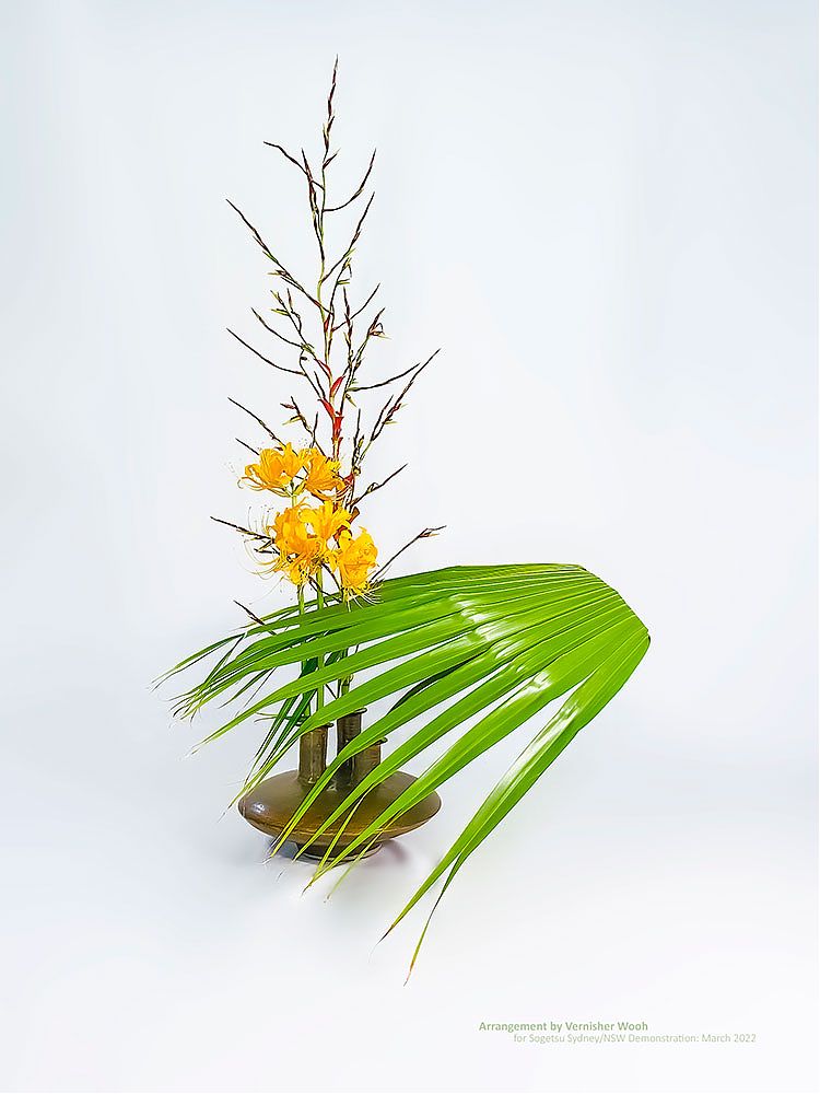 Palm leaf, Nerine and Bromeliad flower in ceramic container 